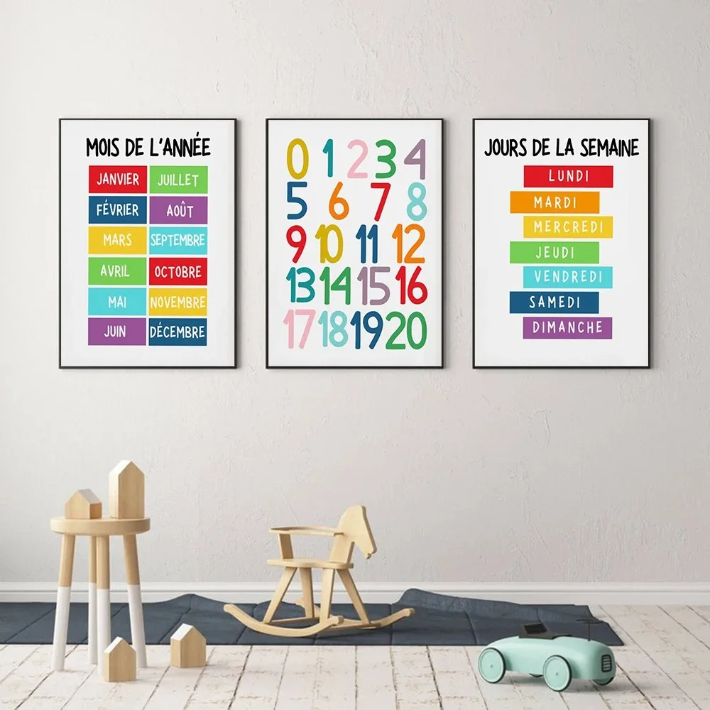 Kids Educational Poster - 1枚 プレイルーム用壁掛けアルファベット・数字 フランス語教育プリント 教室ポスター ホームスクール学習 子供用壁飾り