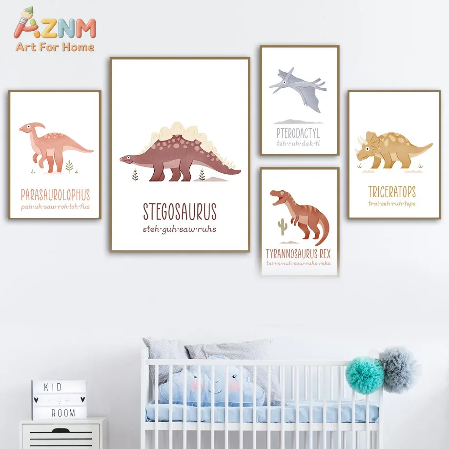 Kids Educational Poster - AZNM かわいい水彩恐竜キャンバスウォールアートプリント、子供向け教育用恐竜名発音ポスター、保育園装飾用