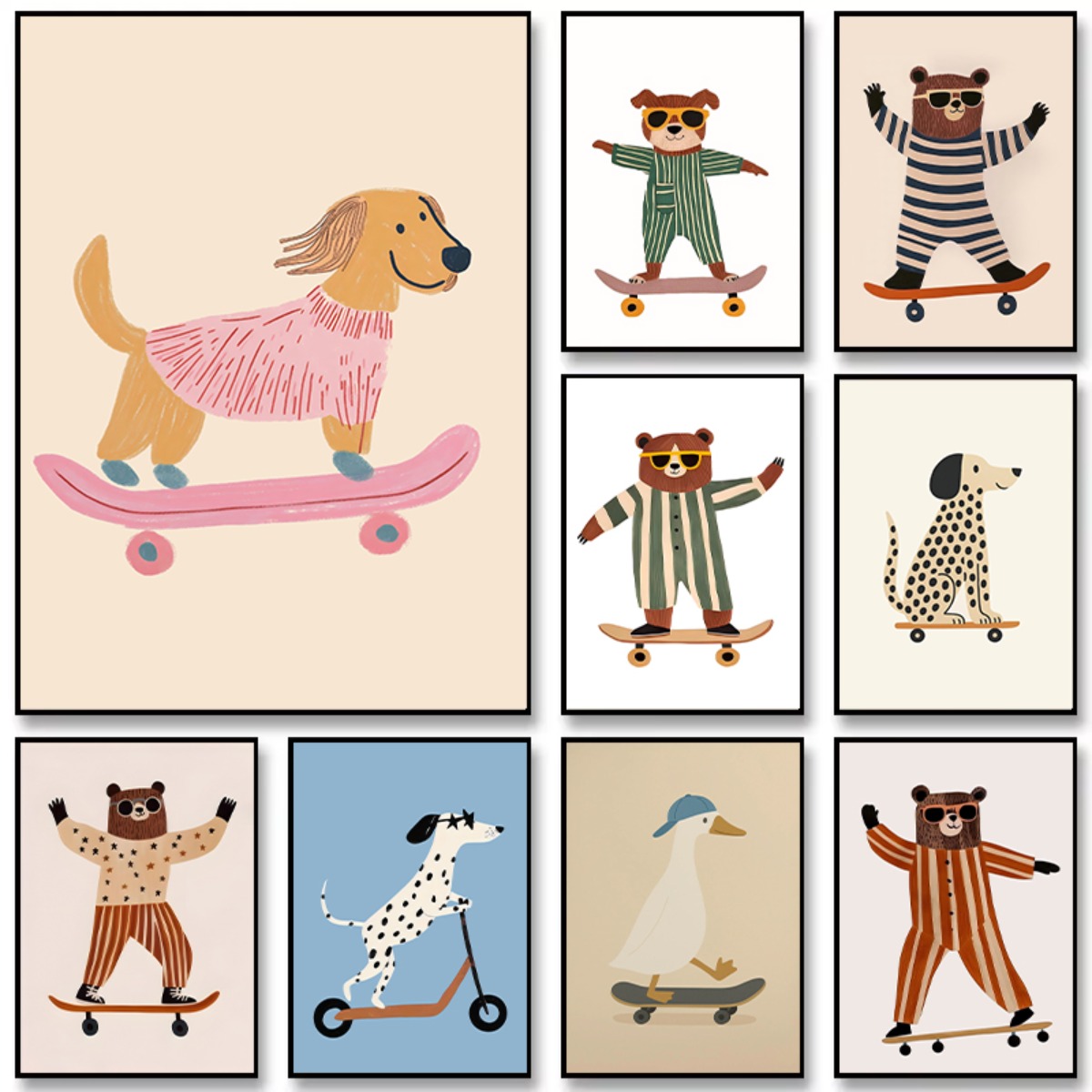 Kids Educational Poster - かわいいスケートボード犬ダックスフントキャンバスプリントポスター漫画面白い動物アートプリント寝室保育園壁アート家の装飾ポスター