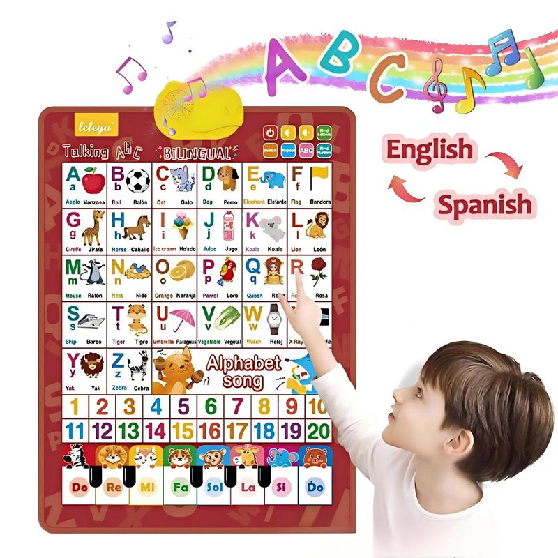 Kids Educational Poster - 子供向けバイリンガル英語-スペイン語インタラクティブトーキングABC＆数字チャートポスター - 就学前のアルファベットツール、幼児向け早期教育玩具（アルファベット歌と音声学習アクティビティ付き）