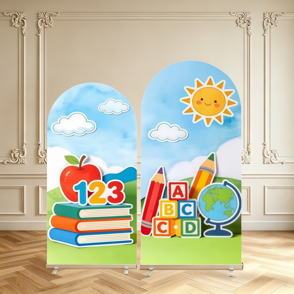 Background For Kids Education - 新学期装飾アーチ型背景カバー、リンゴ、本、数字、アルファベット、子供、就学前教育、両面アーチ型カバー背景