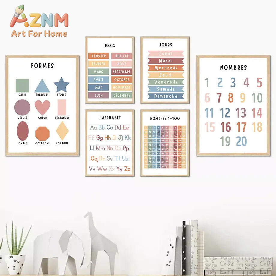 英語 フランス語 数字 アルファベット 形状 キャンバス絵画 - Kids Educational Poster のレビューと価格