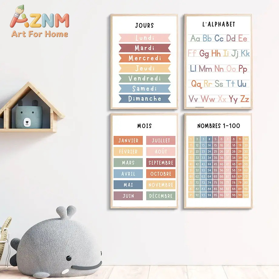 英語 フランス語 数字 アルファベット 形状 キャンバス絵画 - Kids Educational Poster のレビューと価格
