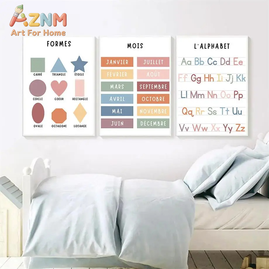 英語 フランス語 数字 アルファベット 形状 キャンバス絵画 - Kids Educational Poster のレビューと価格