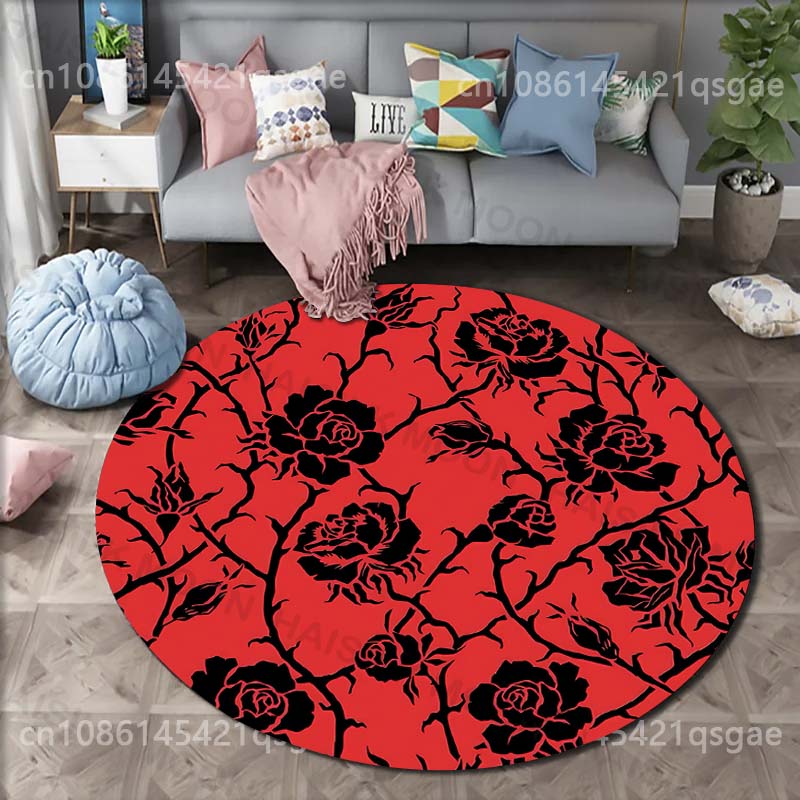 赤い背景に様々なサイズの黒いバラがプリントされた丸型カーペッ - Multiplication Table Mat のレビューと価格