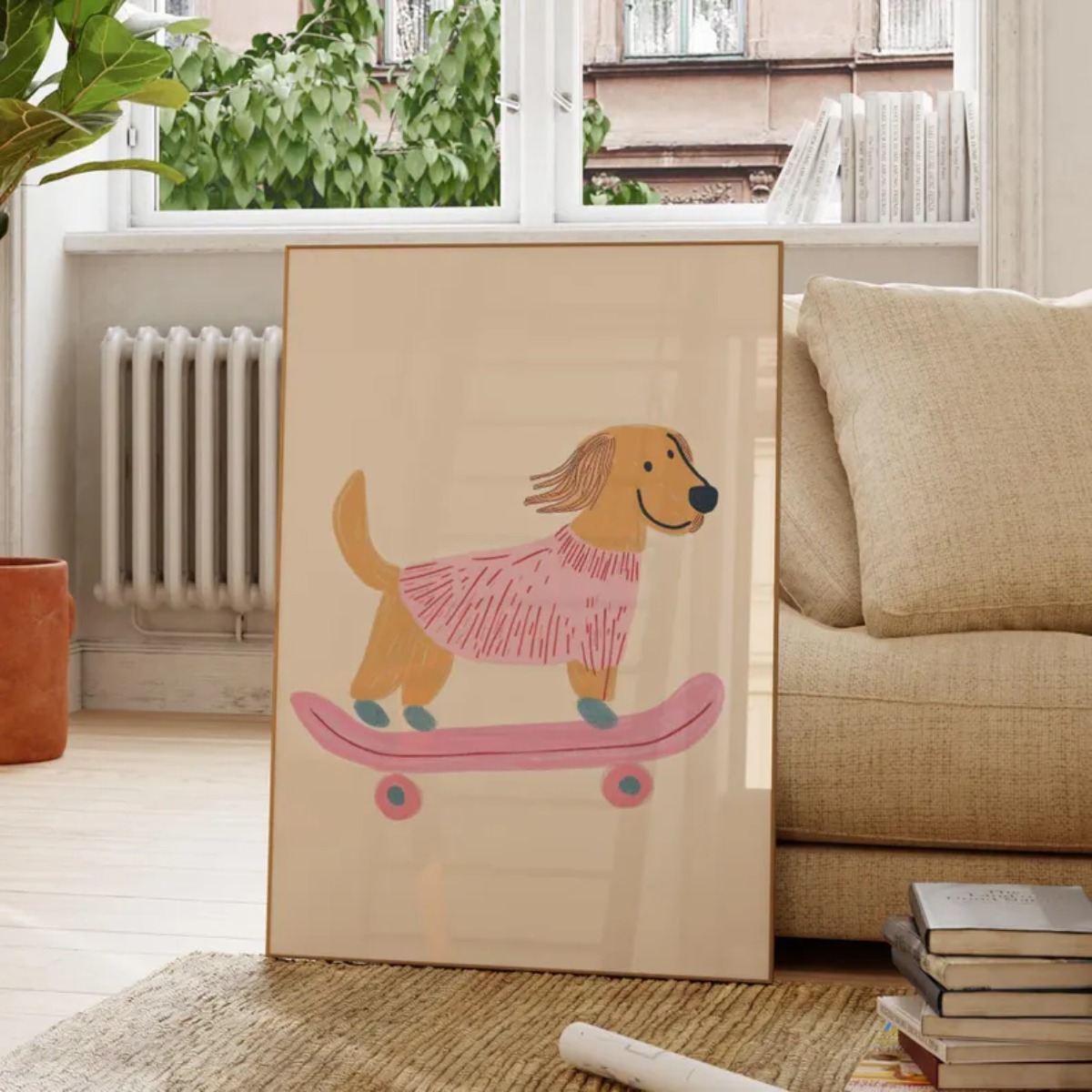 かわいいスケートボード犬ダックスフントキャンバスプリントポス - Kids Educational Poster のレビューと価格