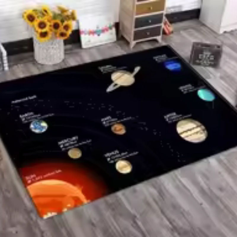 黒色の背景に太陽系の惑星が描かれた大きなフェルト製エリアラグ - Background For Kids Education のレビューと価格