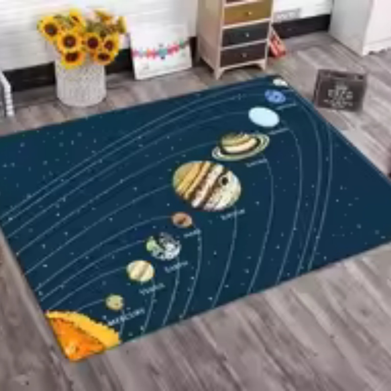 黒色の背景に太陽系の惑星が描かれた大きなフェルト製エリアラグ - Background For Kids Education のレビューと価格