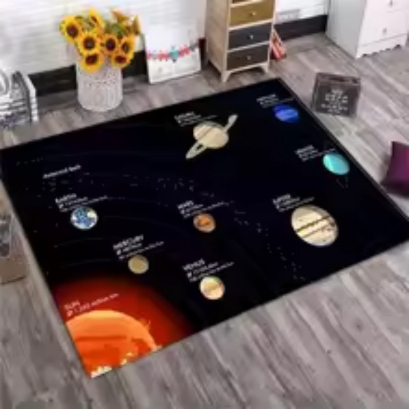 黒色の背景に太陽系の惑星が描かれた大きなフェルト製エリアラグ - Background For Kids Education のレビューと価格