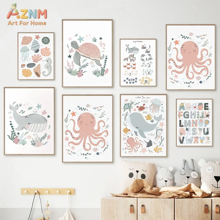 AZNM 保育園海の動物キャンバスウォールアート タコ クジ - Kids Educational Poster のレビューと価格