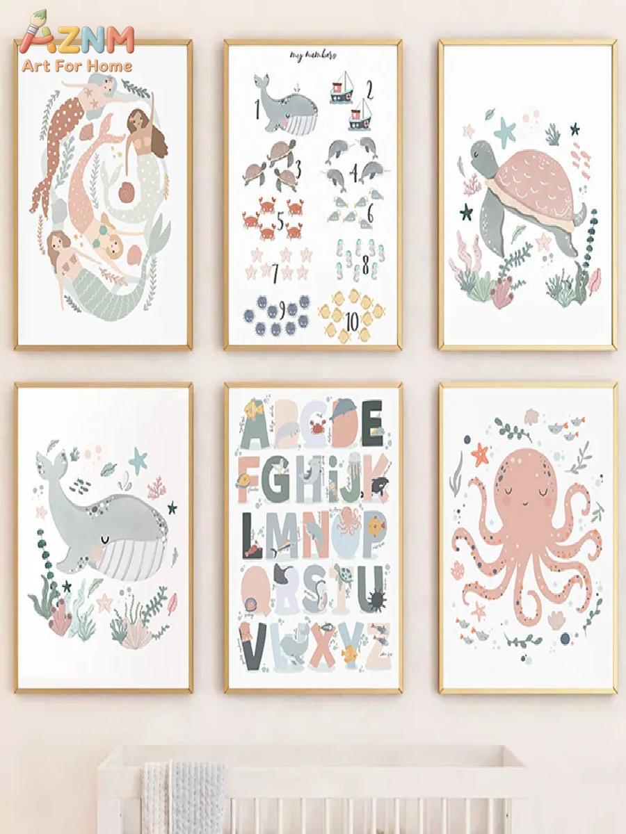 AZNM 保育園海の動物キャンバスウォールアート タコ クジ - Kids Educational Poster のレビューと価格