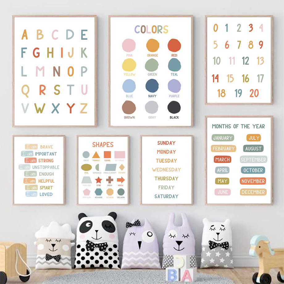 英語教育ポスター アルファベット 数字 色 形状 ウォールア - Kids Educational Poster のレビューと価格